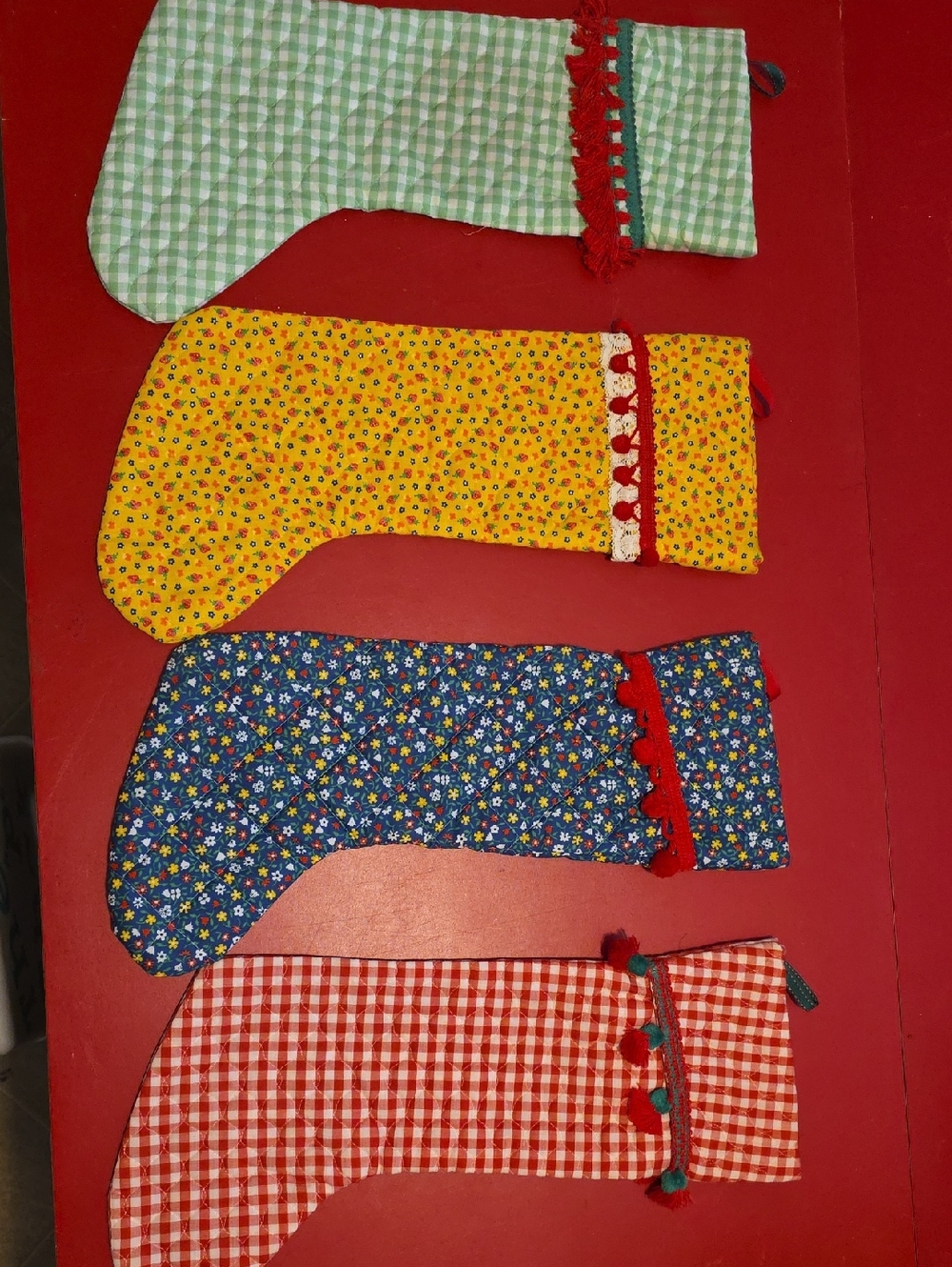 Handmade Holiday Stocking Set - Green, Yellow, Blue, Red